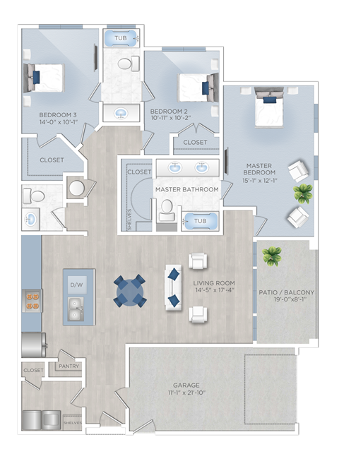 Floor plan for 3 beds, 2.5 baths, 1561 sqft